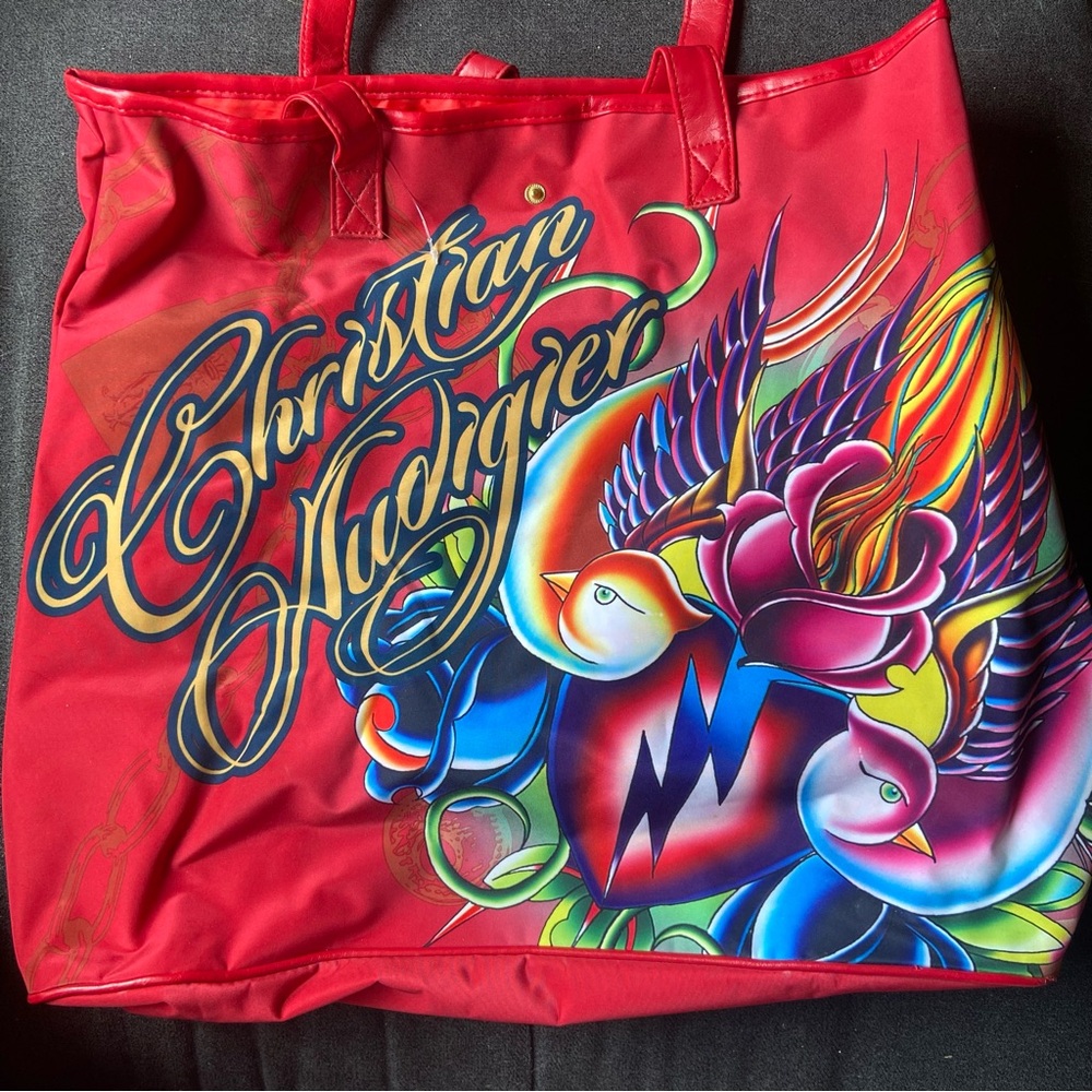 Christian Audigier Red Artistic Tote Bag